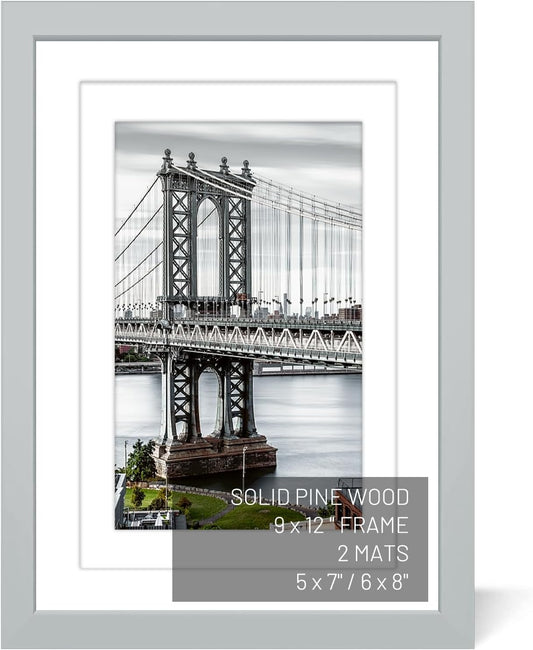 9x12 Picture Frames with Solid Wood Display - 6x8 or 5x7, or 9x12 Frame for Poster - 2 Mats for Wall or Table (Gray)