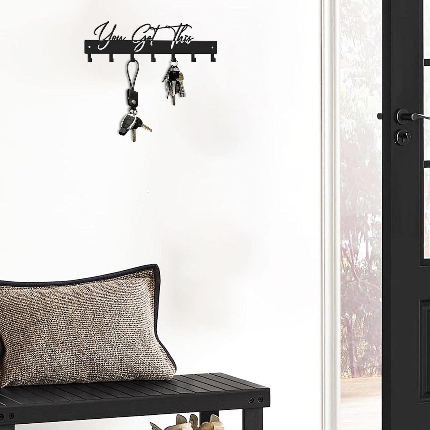 10 Inch Key Holder for Wall, Black Metal House Decoration Key Hooks, Phrase Style(You got This), Key Hanger Organizer with 7 Hooks, Suitable for Doors, Corridors, Living Rooms, Bedrooms