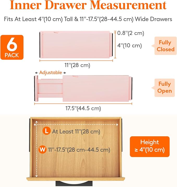 Lifewit 6 Pack Drawer Dividers 4" High, 11-17" Adjustable Drawer Organizers - Image 2