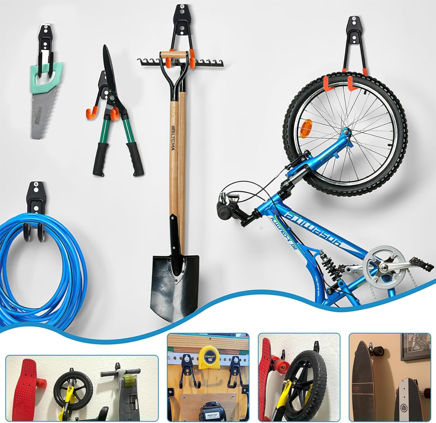 2 Pack Garage Storage Utility Hooks，Garage Garden Tool Organizer，Steel Wall Mount Hooks, Garden Small U Hooks (Black) (Orange)