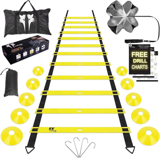20ft Sports Agility Ladder for Men Women and Kids, Speed Youth Soccer Agility Training Equipment for Football, Exercise, Tennis, Legs Workout with Speed Parachute and Carry Bag