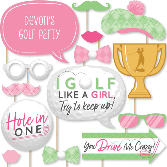 Big Dot of Happiness Custom Golf Girl - Photo Booth Props - Personalized Pink Birthday Party or Baby Shower Supplies - 20 Selfie Props
