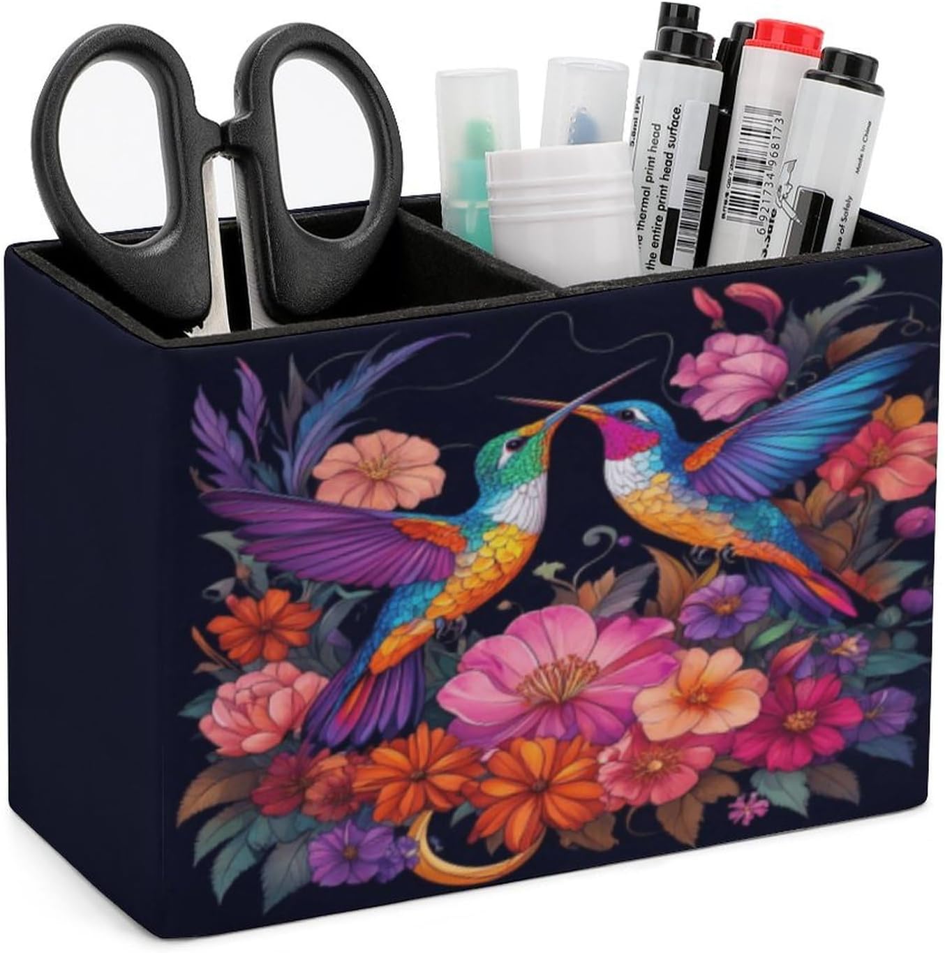 Hummingbirds And Flower Lether Pen Holder for Desk Makeup Brush Holder Office Organizer Desk Accessory for School Office