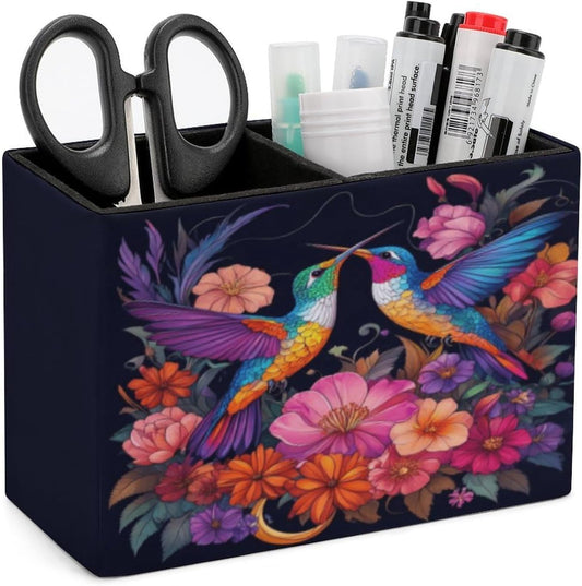 Hummingbirds And Flower Lether Pen Holder for Desk Makeup Brush Holder Office Organizer Desk Accessory for School Office