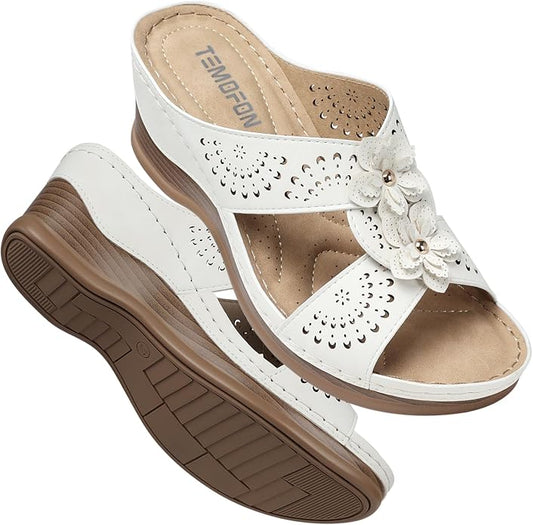 TEMOFON Womens Wedge Sandals Leather: Dressy Sandal, Rubber Sole, Comfortable by Temofon