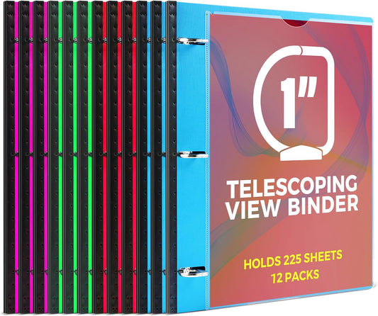 1 Inch Telescoping 3 Ring Binder-12PCS, Flexible Binder with Customized Front Cover, Holds 225 Sheets, School Office Supplies, 4 Colors