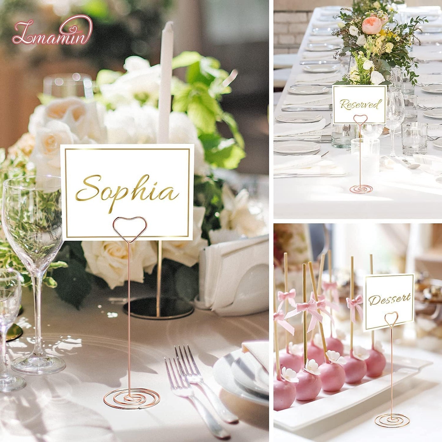 16pcs Place Card Holders, 8.75 Inches Tall Table Number Holders, Rose Gold Picture Holder for Tables with Heart Shaped Clip for Wedding, Photos, Food Signs, Memo Notes, Restaurant, Birthday