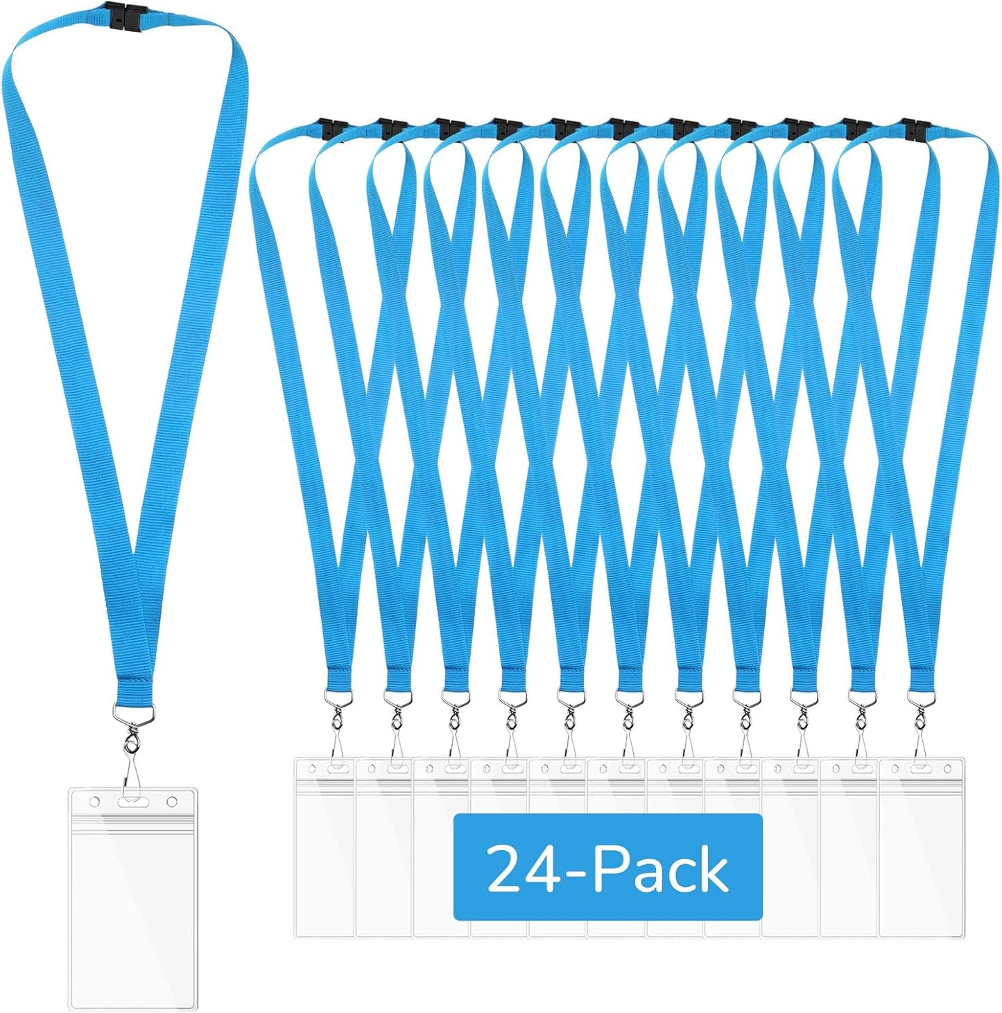 24-Pack Sky Blue Breakaway Lanyards with Waterproof Badge Holders, Polyester Neck Straps for ID Cards, Events, Office, and Schools