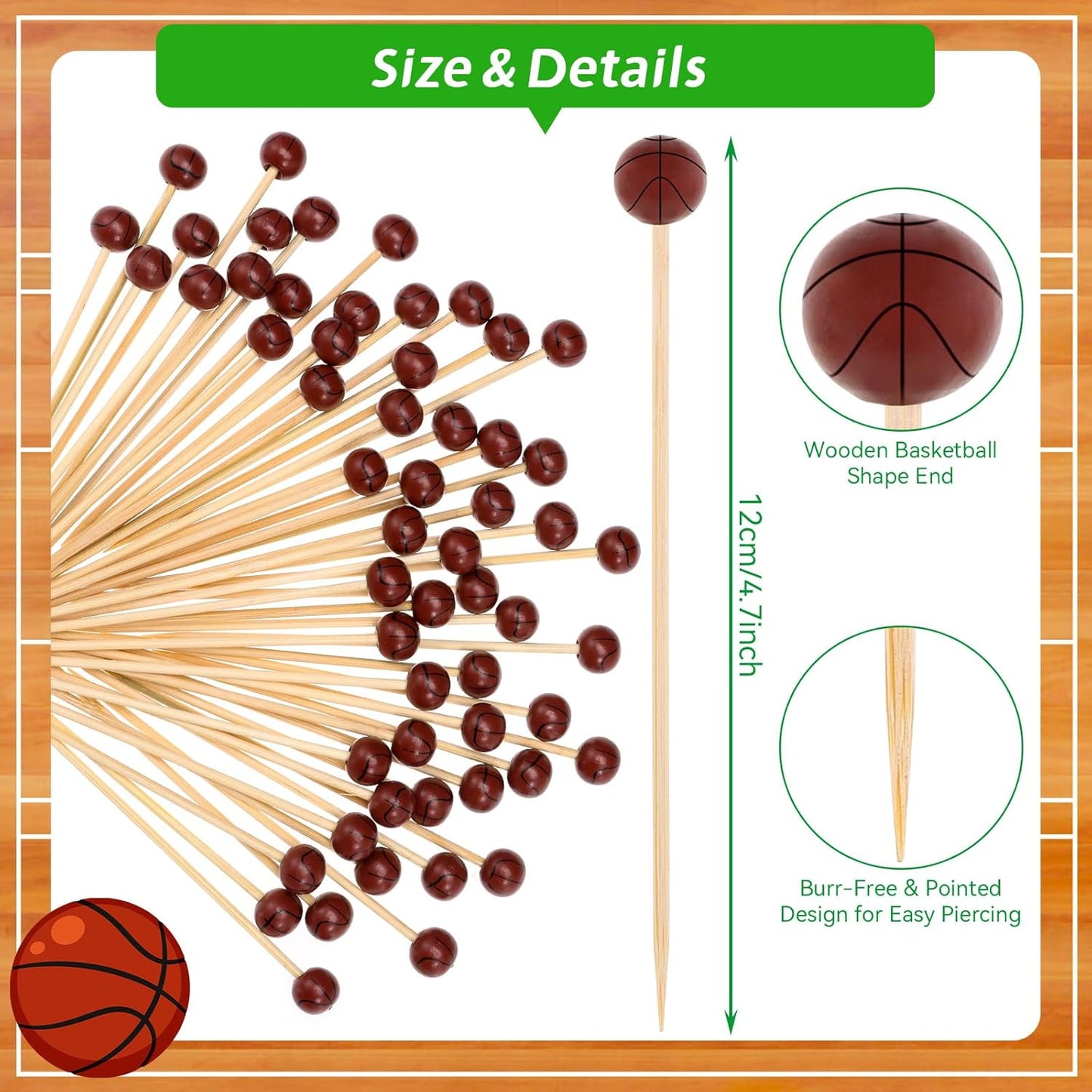 100Pcs Basketball Cocktail Picks 4.7 Inch Decorative Sports Ball End Toothpicks for Appetizers Bamboo Cocktail Sticks Skewers for Drinks, Fruits, Desserts, Charcuterie(Basketball)