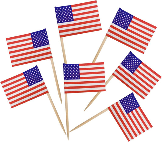 BLUE TOP 100 Pcs USA American Flag Toothpick Flags,Small Toothpick Mini Stick Cupcake Toppers Olympic Games Celebration Party Decoration Celebration Cocktail picks for Party Bar Sport events.
