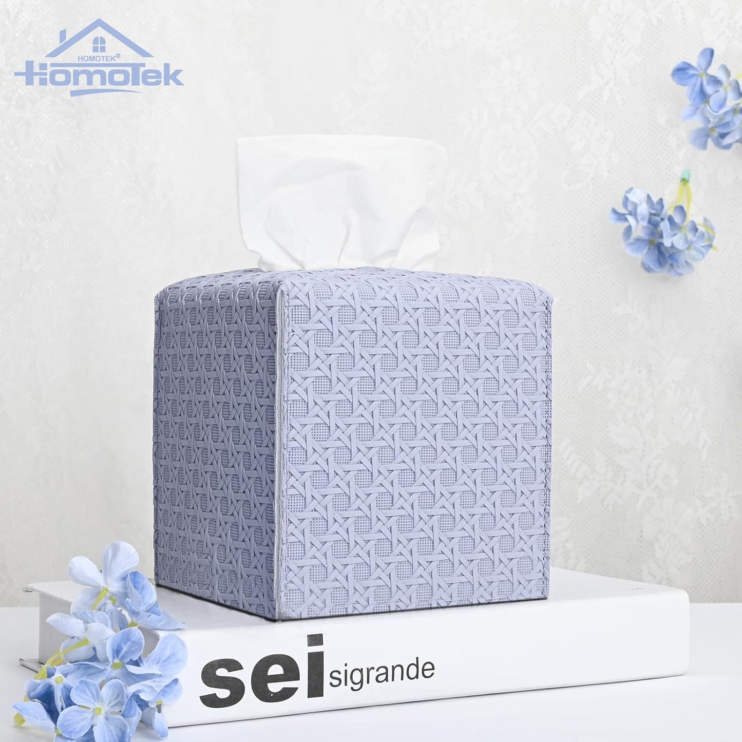HOMOTEK 2 Pack Tissue Box Cover, Square PU Leather Tissue Holder, Decorative Facial Tissue Cube Paper Organizer Dispenser for Bathroom, Night Stands, Desk, Car 5X5X5'' - Rattan Weave,Lavenderpurple