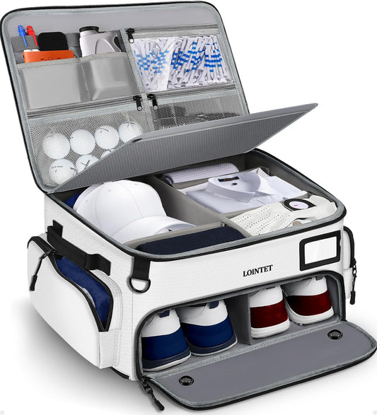 Golf Trunk Organizer, Waterproof Car Golf Locker with Separate Ventilated Compartment for 2 Pair Shoes, Golf Storage for Balls, Tees, Cap, Clothes, Gloves, Accessories, Gifts for Men, Women
