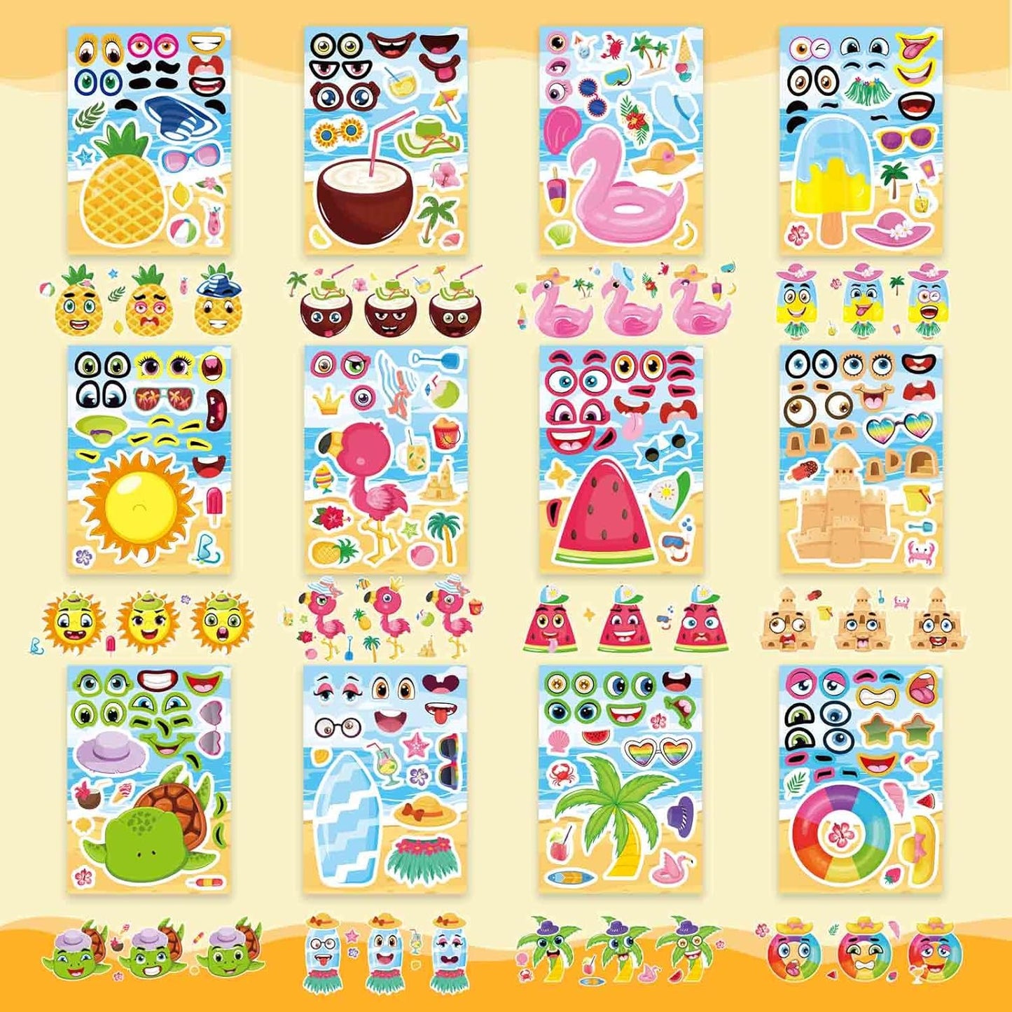 24 Sheets Summer Stickers for Kids, Make a Face Sticker Hawaii Tropical Pool Beach Stickers, Make Your Own Watermelon Pineapple Flamingo Sticker for Tropical Luau Party, Summer Holiday Party Favors