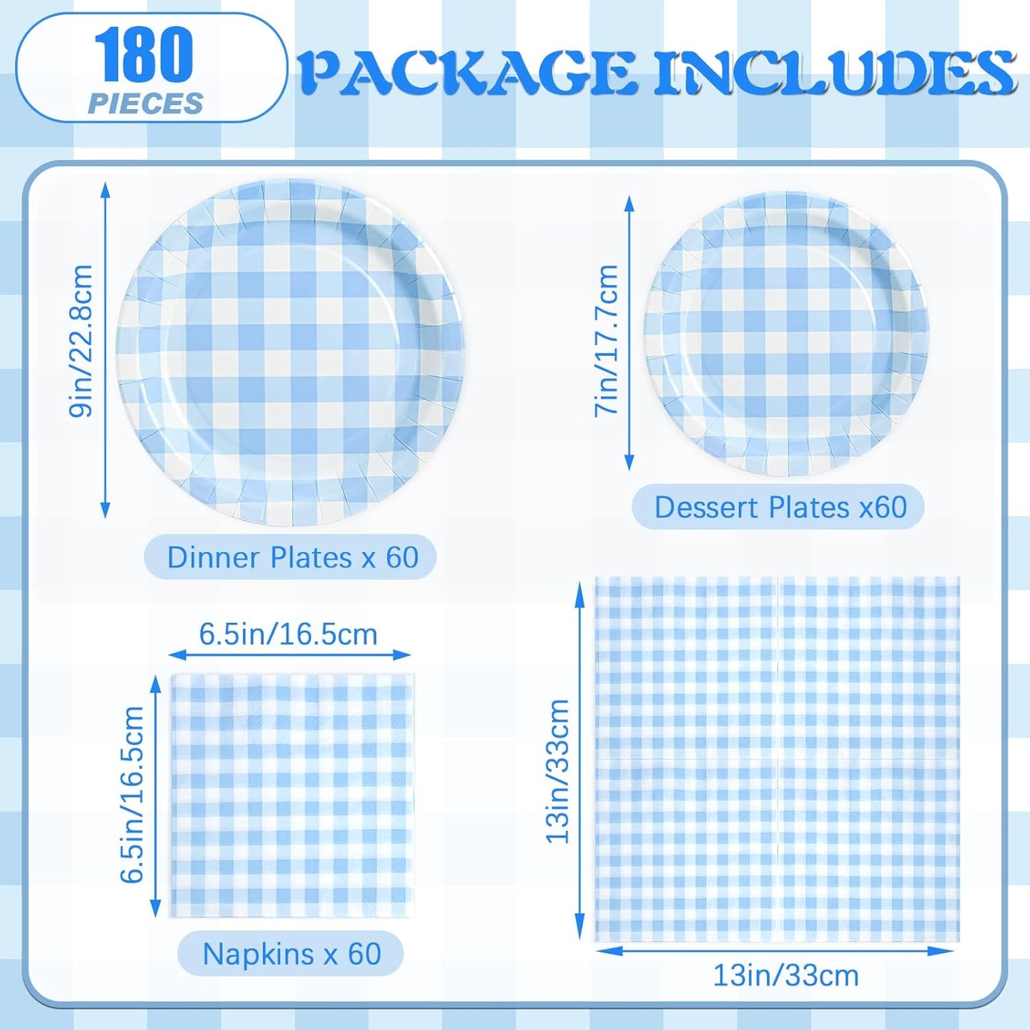180Pcs Blue Gingham Party Supplies Paper Plates and Napkins Serve 60 Disposable Tableware Set for Birthday Party Decorations Game Day Family School Holiday Sports Events