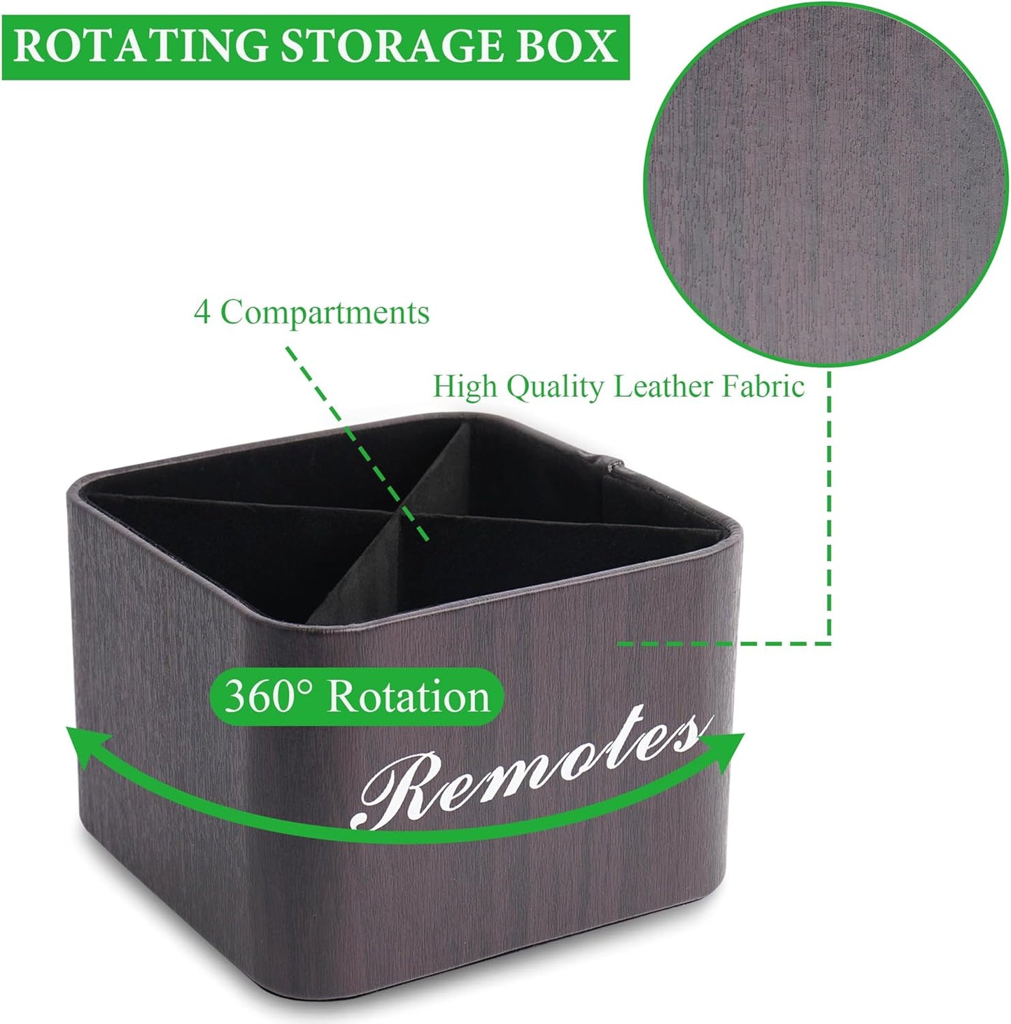 Hennaja Square Leather Art Supply Organizer,Remote Control Holder with Removable Dividers,360°Rotatable Pencil Holders,4 Compartments Organizer for Office Supplies Storage Box(1-Dark Brown)