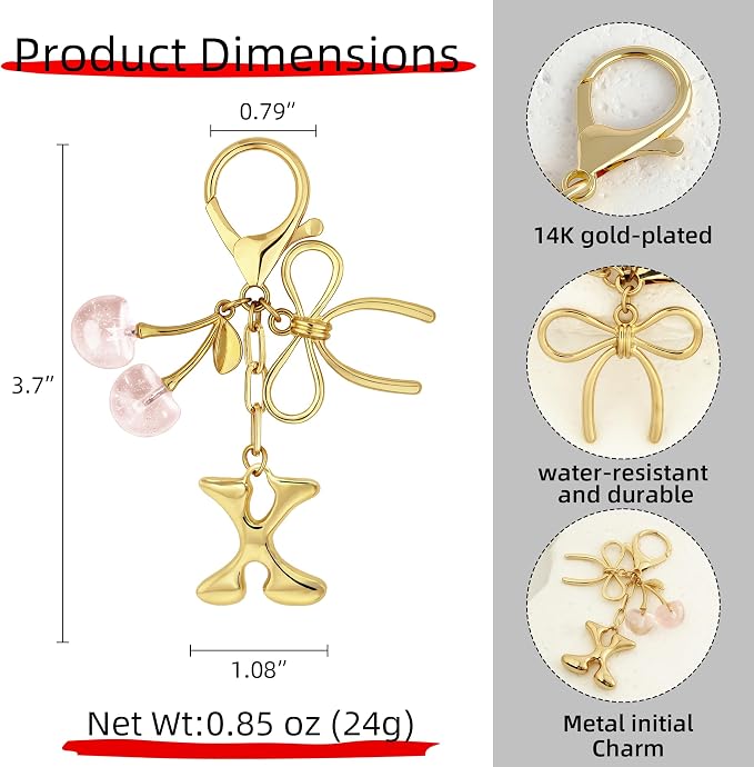 Gold Bubble Heart, Bow & More Designs Letter Initial Keychain Bag Charms – Cute - Image 5