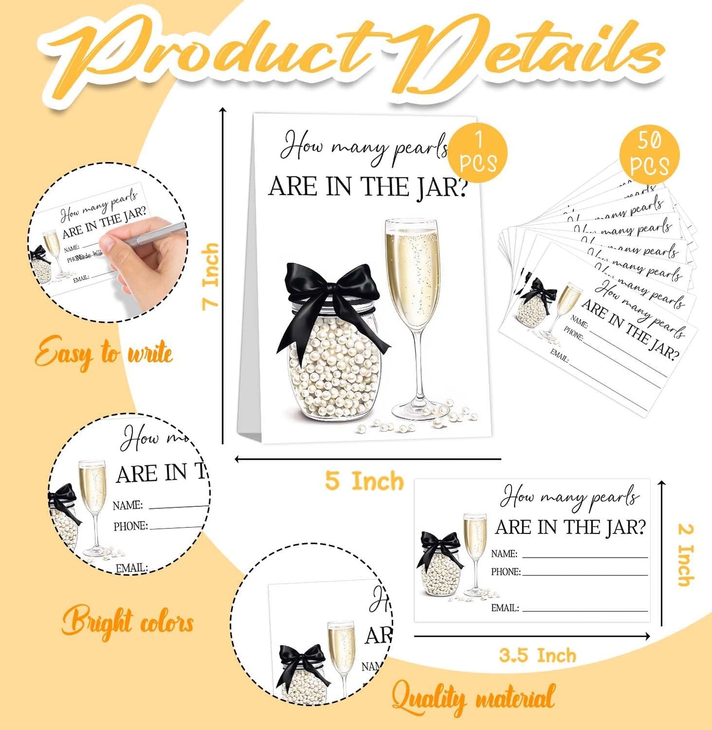 Guess How Many Cards, Bridal Shower Decorations, Guess How Many Pearls Are in the Jar, Party Games & Activities, 50 Cards and Sign