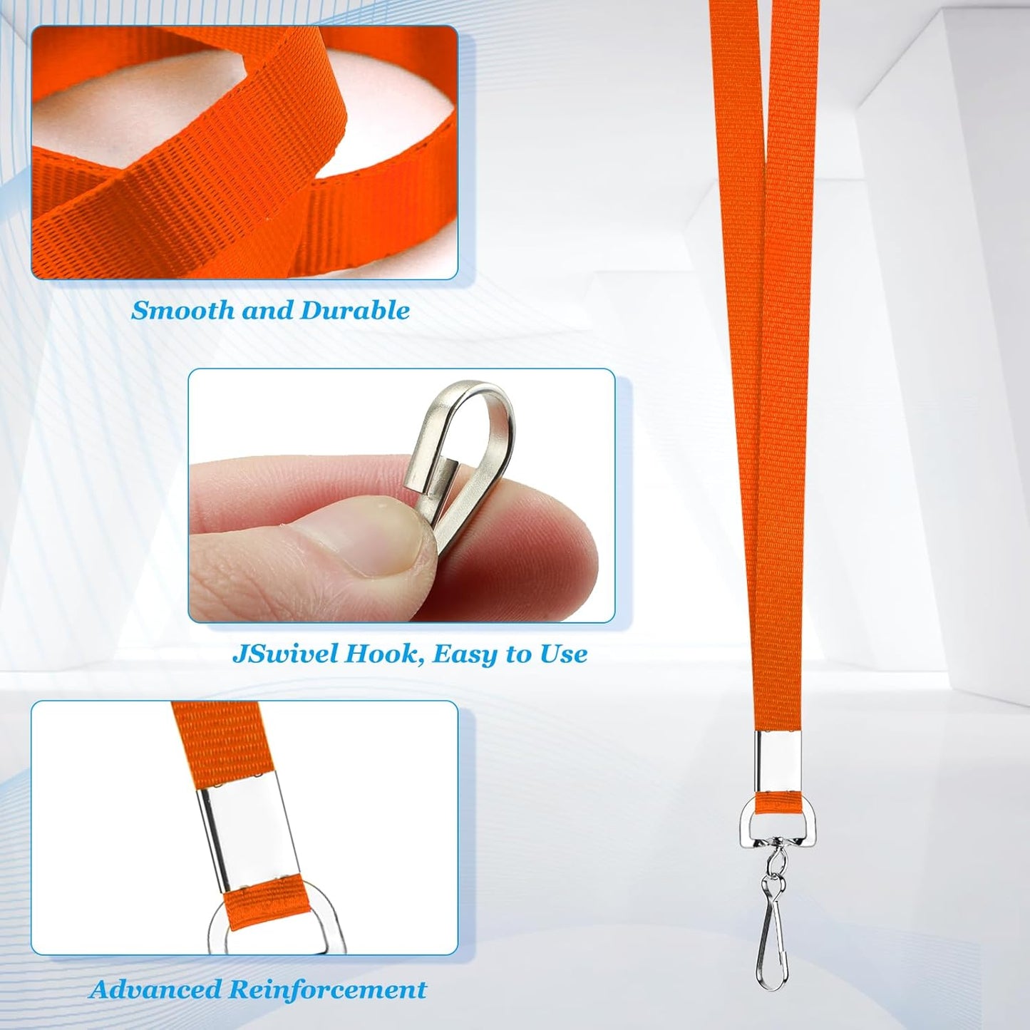 50 Pack Orange Flat Lanyard for ID Badge Holder with Swivel Hook and Badge Clip