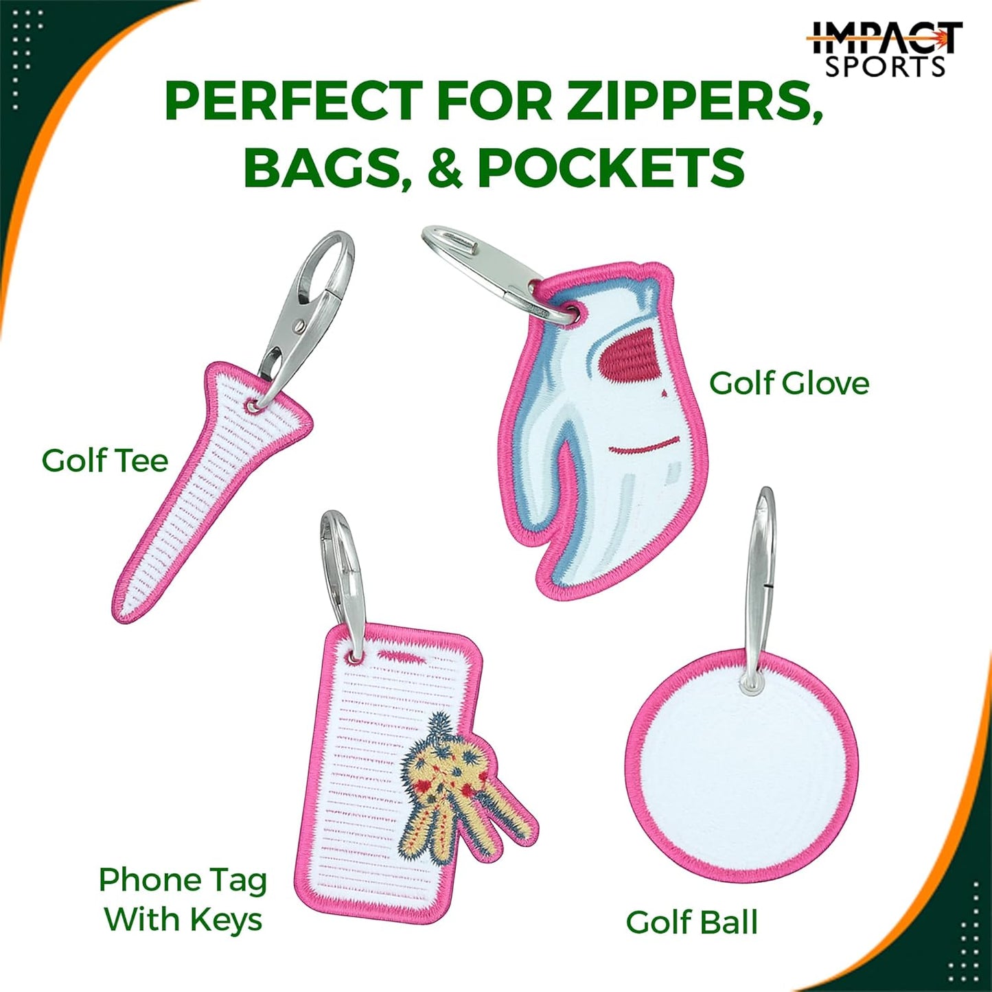 Impact sports Golf Zipper Bag Tags – Set of 4 Fabric Golf-Themed Zipper Pulls – Includes Golf Ball, Glove, Tee, and Phone Tag – Stylish and Functional Golf Bag Accessories