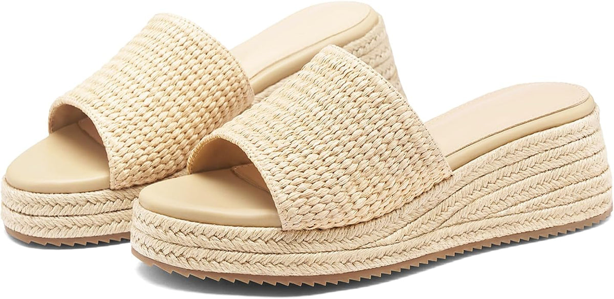 Platform Sandals Women Raffia Slip On Wedge Sandals, Comfortable Summer Wicker - Image 3