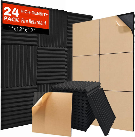 Acoustic Panels 24 Pack Soundproof Wall Panels 1" X 12" X 12" Sound Proof Foam Panels with Self Adhesive Noise Cancelling Soudproofing Wedge High Density Sound Absorbing for Studio Home Black