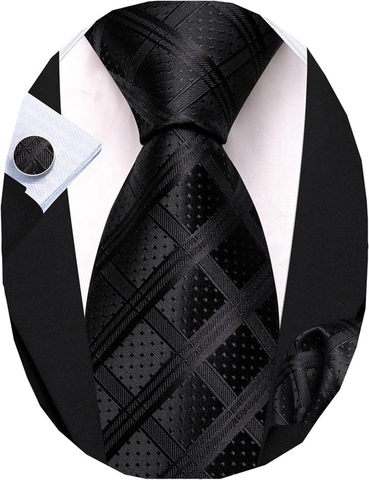 Barry.Wang Designer Classic Ties for Men Set Formal Pocket Square Cufflink Check Plaid