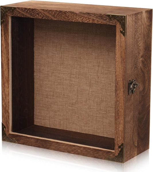 11x11 Deep Shadow Box Frame, 4.5" Depth – Burnt Wood Display Case with Acrylic Door, Vintage Metal Corners. Holds Medals, Photos, Coins, Awards, Wedding & Military Keepsakes