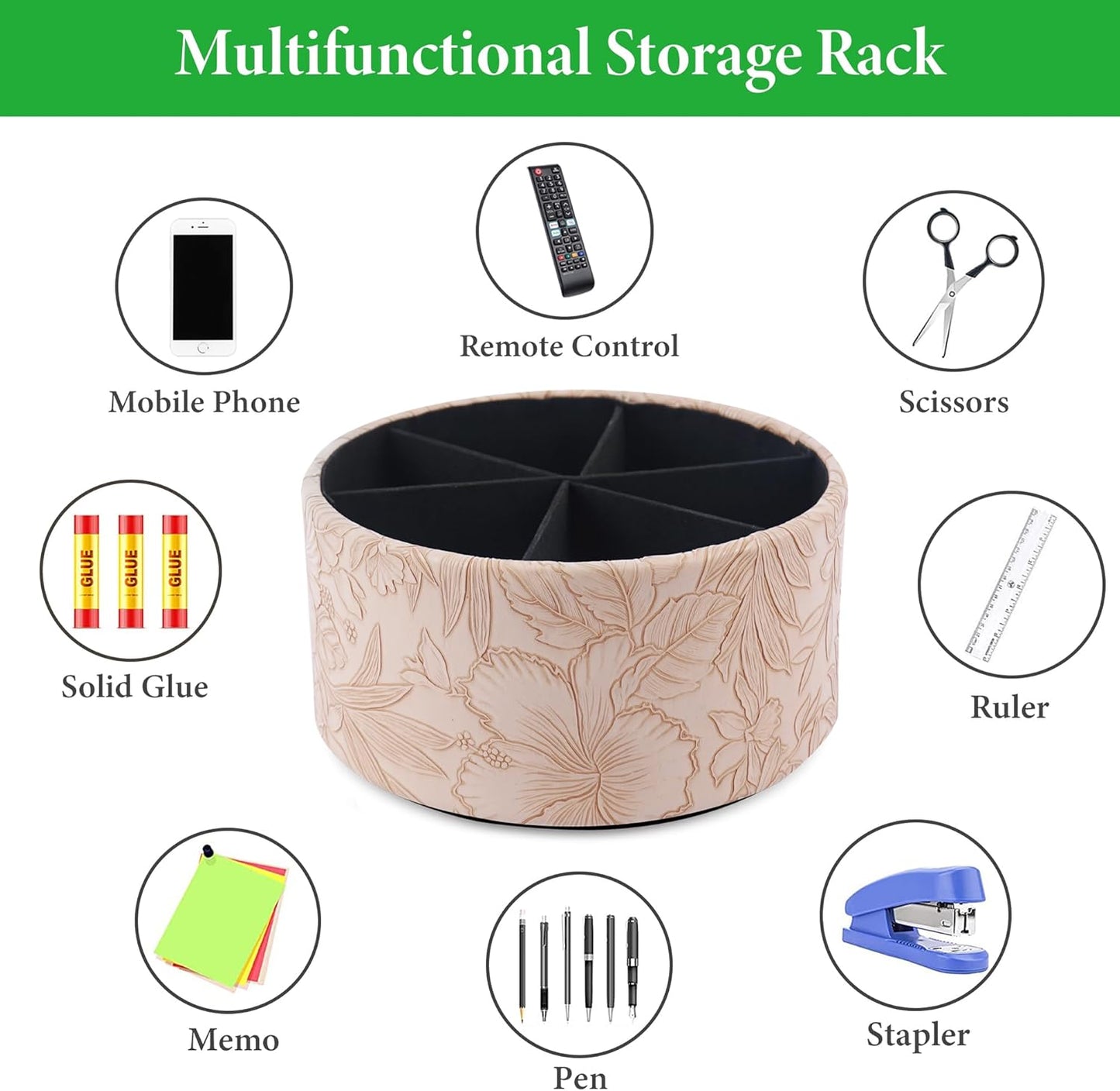 Hennaja Remote Control Holder, 360°Spinning PU Leather Desk TV Remote Caddy,Desk Storage Box Room Accessories for Controller, Media,Mail,Calculator, Mobile Phone,Pencil(1-Carved Light Brown)