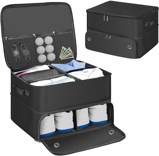 Golf Trunk Organizer for Car, Foldable Golf Storage Box with Ventilated Shoe Compartment, Holds 2 Pair Shoes, Balls, Cap, Gloves, Clothes 17.7x13.3x9.4 inch Car Organizer for Golf Gear (Black)