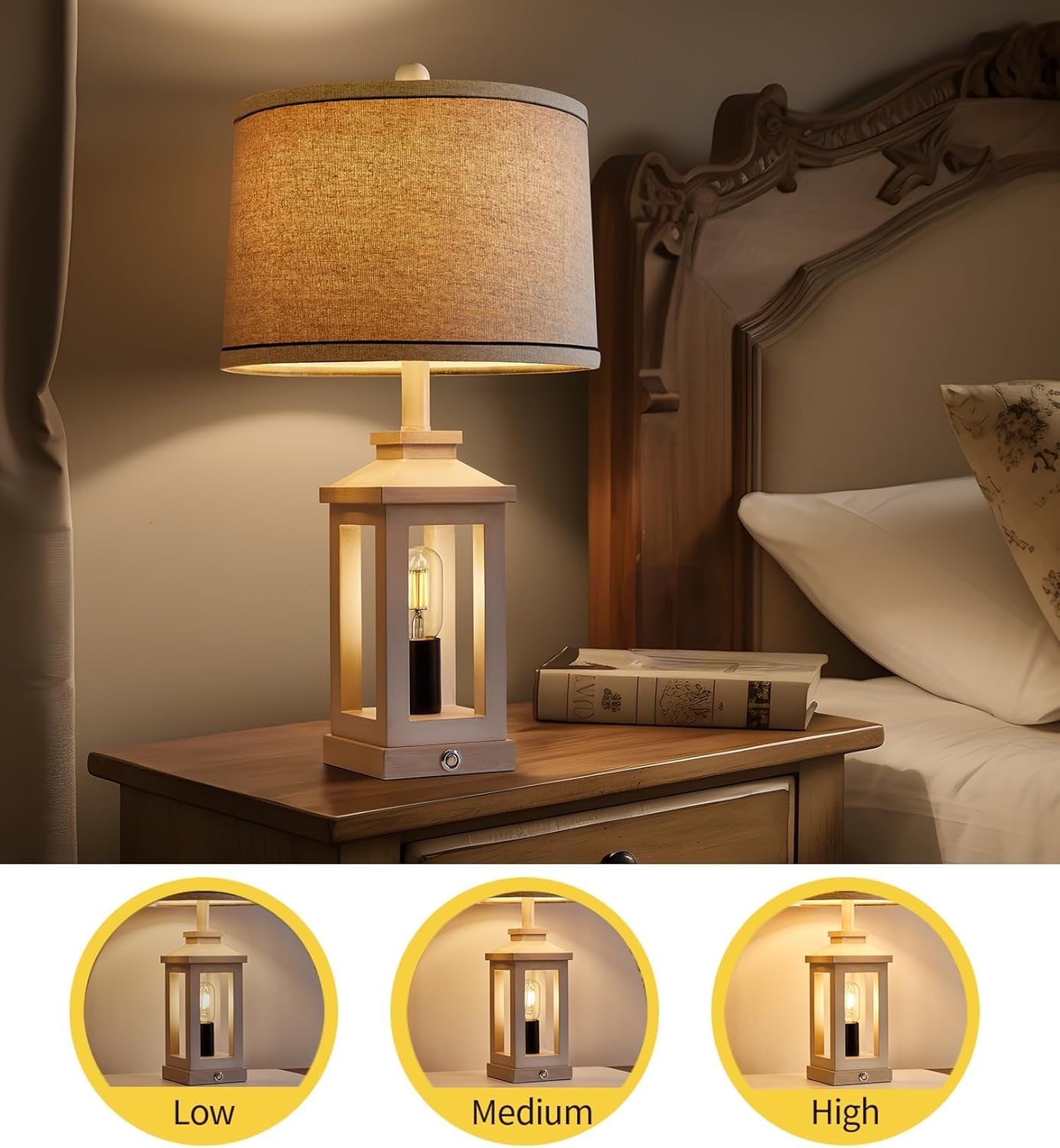 23.75" Retro Farmhouse USB C+A Ports Table Lamp Set of 2 with 3 Way Dimmable Touch Control White Nightlight Vintage Modern Lamp for Living Room Bedroom with 2 Light Sources