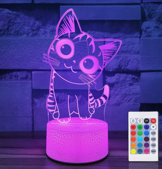 i-CHONY Cat Night Light for Girls,3D Optical Illusion Lamp 16 Colors Dimmable Led Light with Remote & Luminous Base,Cat Gifts for Women Teens Boys Girls Kids Christmas Gifts