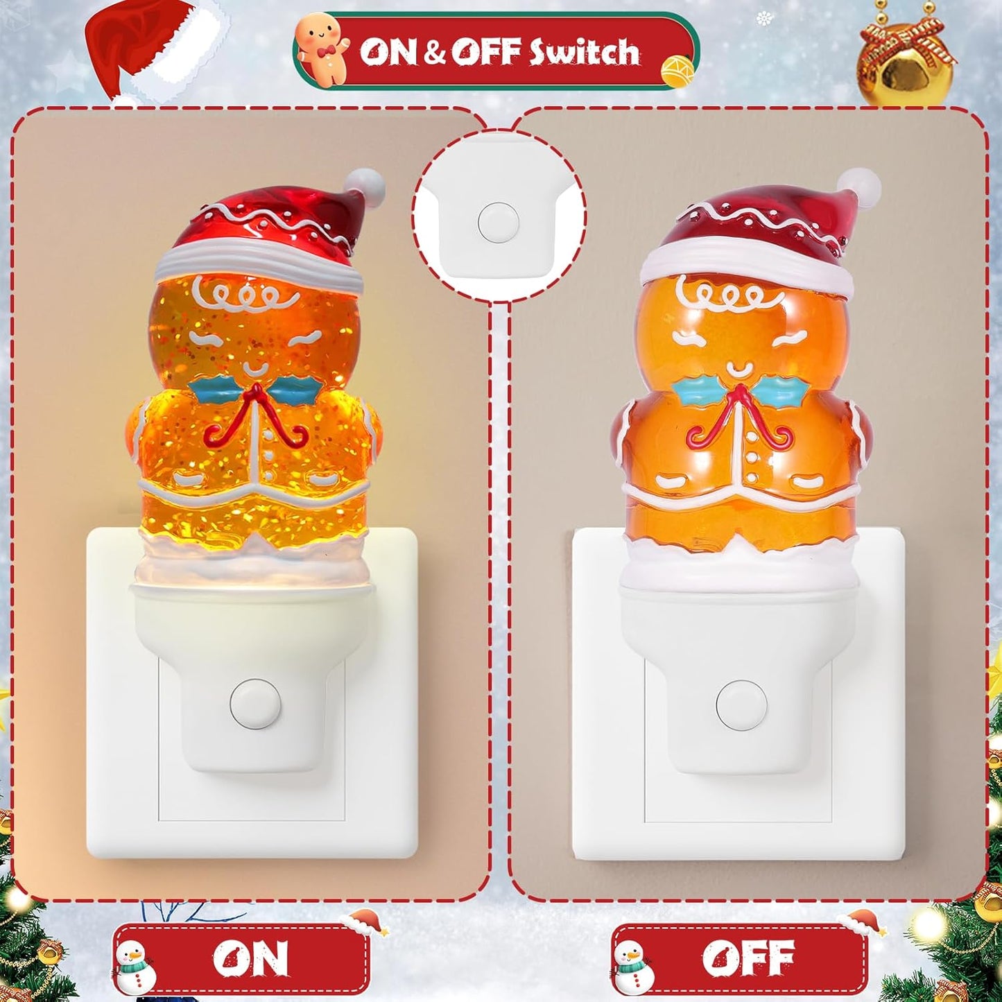 2 Pack Christmas Night Light Plug into Wall Glitter Water Nightlight with USB/Outlet Options, Christmas Gingerbread Decorative Nightlight for Bedroom Kitchen Holiday Decorations Gifts (Gingerbread)