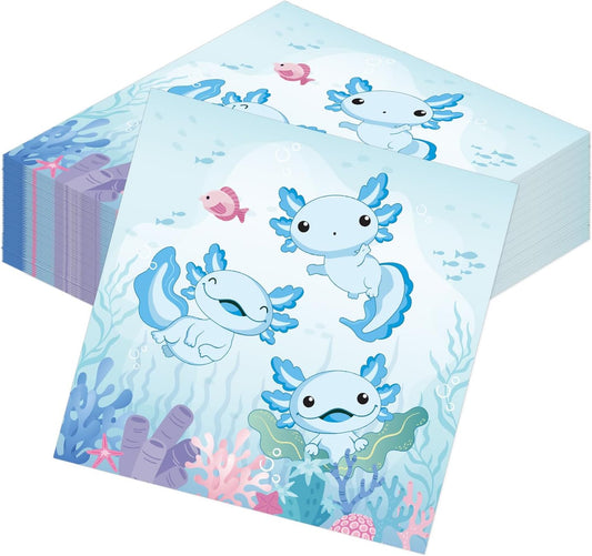 Axolotl Birthday Decorations, Disposable Paper Blue Axolotl Birthday Decorations Napkins Supplies Pack of 50, Cute Party Baby Shower Decor Size 6.5 Inch