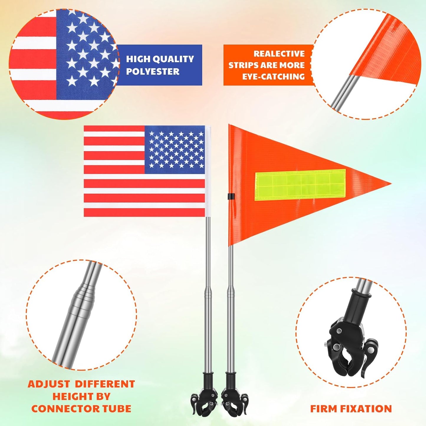 Hicarer 2 Set Reflective Golf Cart Flag Pole Kit Golf Cart Flag Holder Accessories Orange Safety Mount with Reflective Stripe Adjustable Height Flagpole Wheelchairs