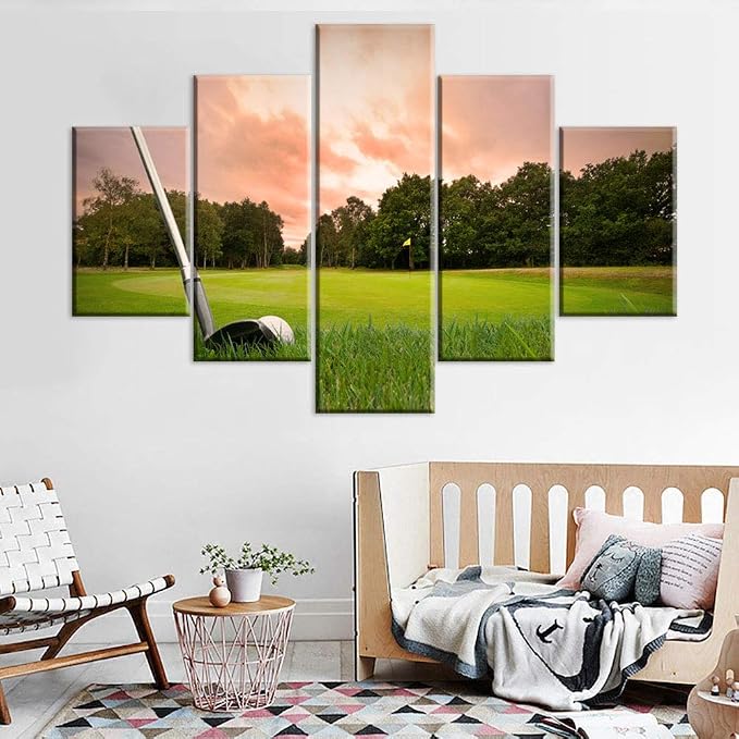 5 Pieces Canvas Wall Art Golf Course at Sunset Red Paintings - Image 2
