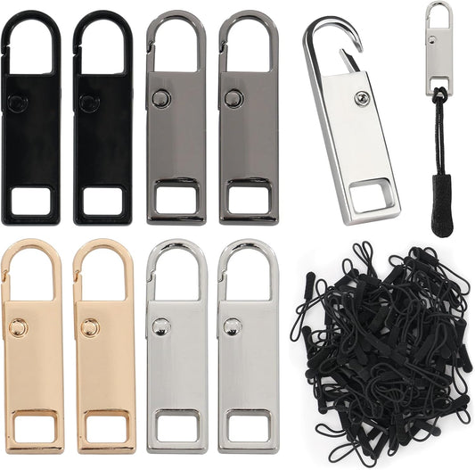 8PCS Zipper Pull Replacement, Zipper Pulls, with 100 Detachable Drawstrings, for Luggage, Backpacks, Suitcases, Jackets, Handbags (Matte Black, Mirror Gunmetal, Mirror Silver and Gold)