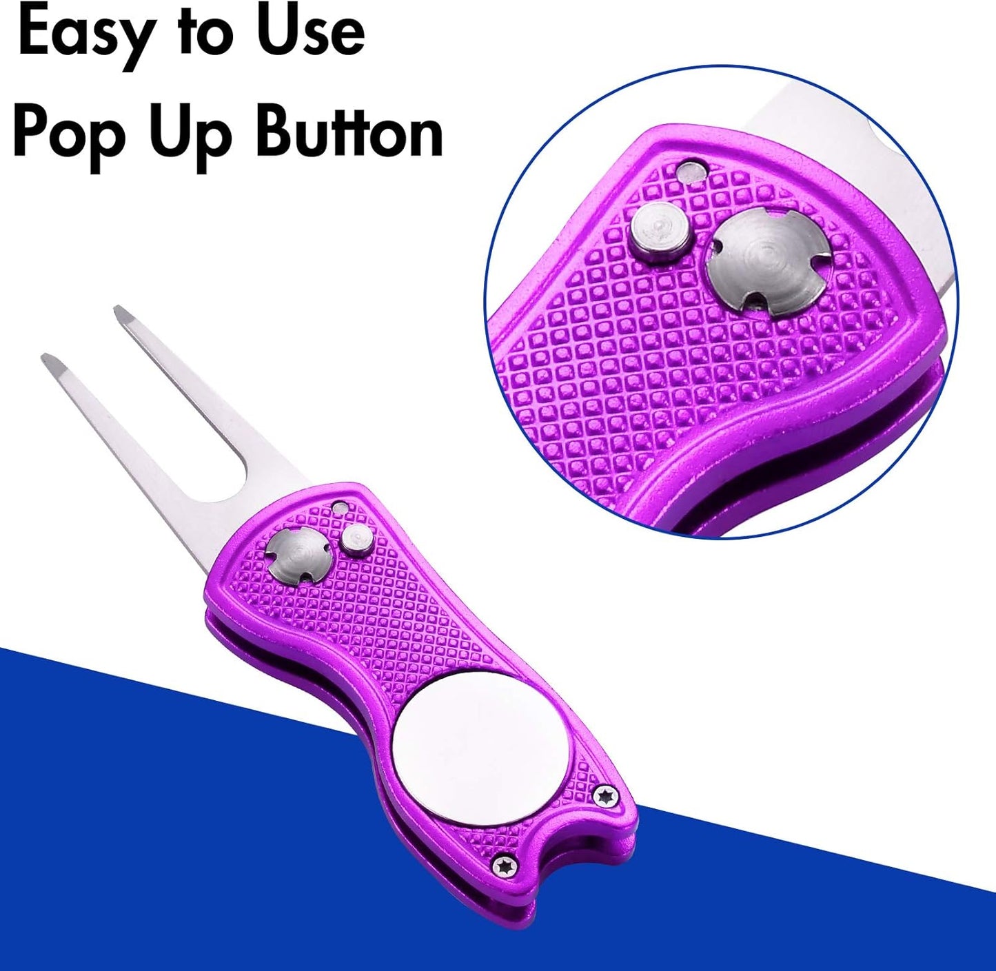 2 Pack Metal Foldable Golf Divot Tool with Pop-up Button & Magnetic Ball Marker (Pack of 2, Fish Design)