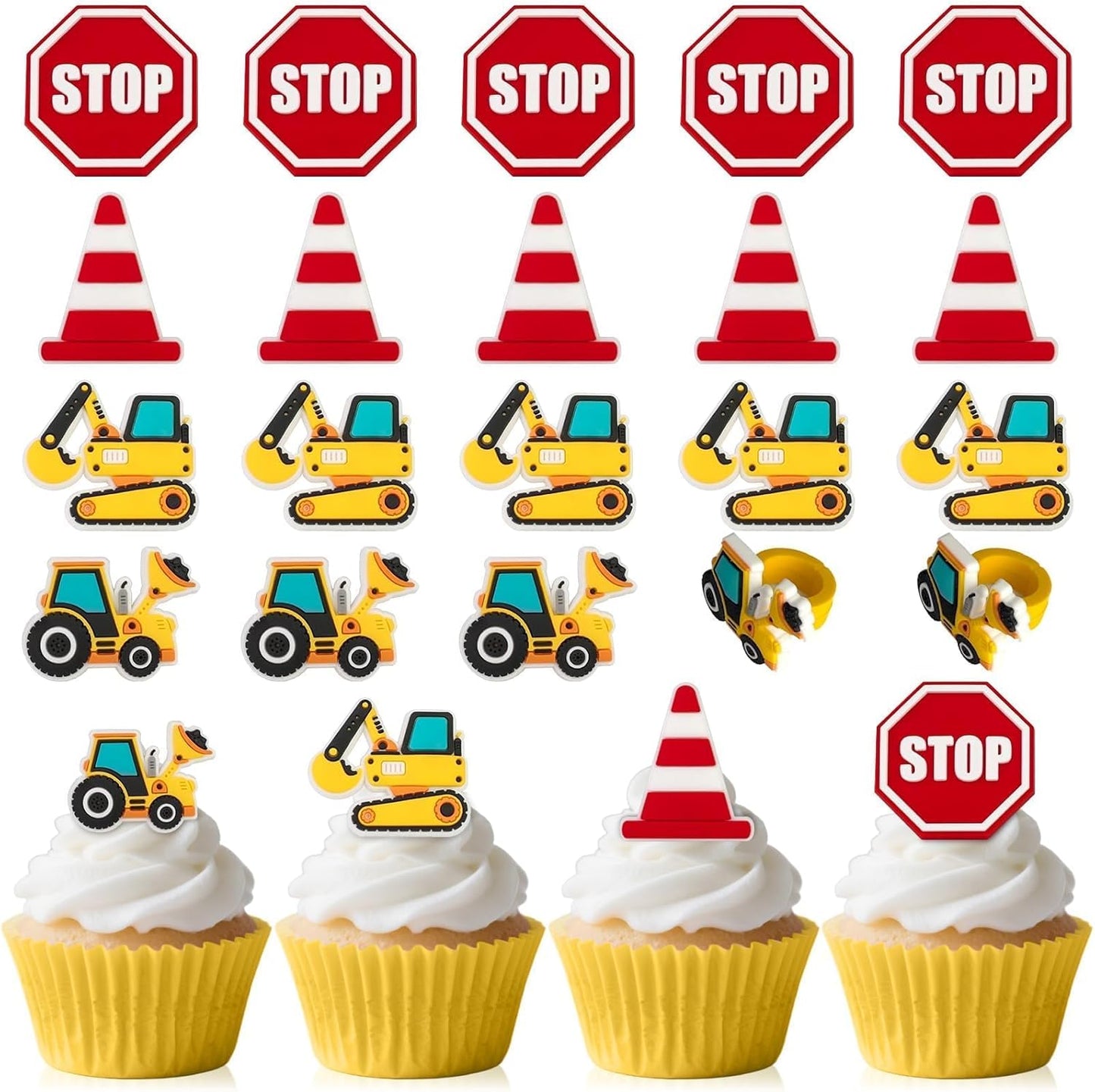 24PCS Construction Cupcake Rings Toppers Stop Sign Excavator Bulldozer Party Cake Picks Decorations for Construction Theme Birthday Party Supplies
