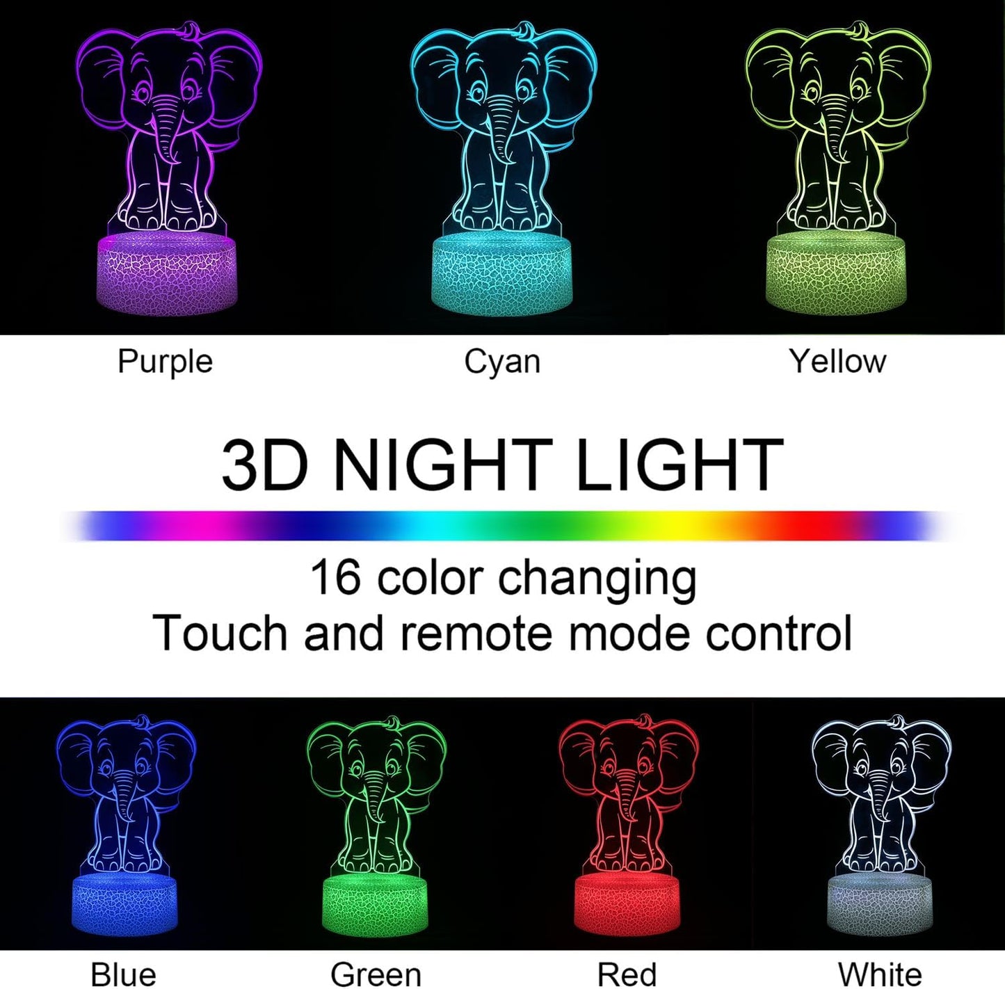 i-CHONY Elephant Night Light for Kids,16 Colors Dimmable Cute Animal Lamp with Remote,Smart Touch,USB Cable,Room Decor Lamp,Elephant Gift for Boys Girls Christmas Birthday Holiday Gifts