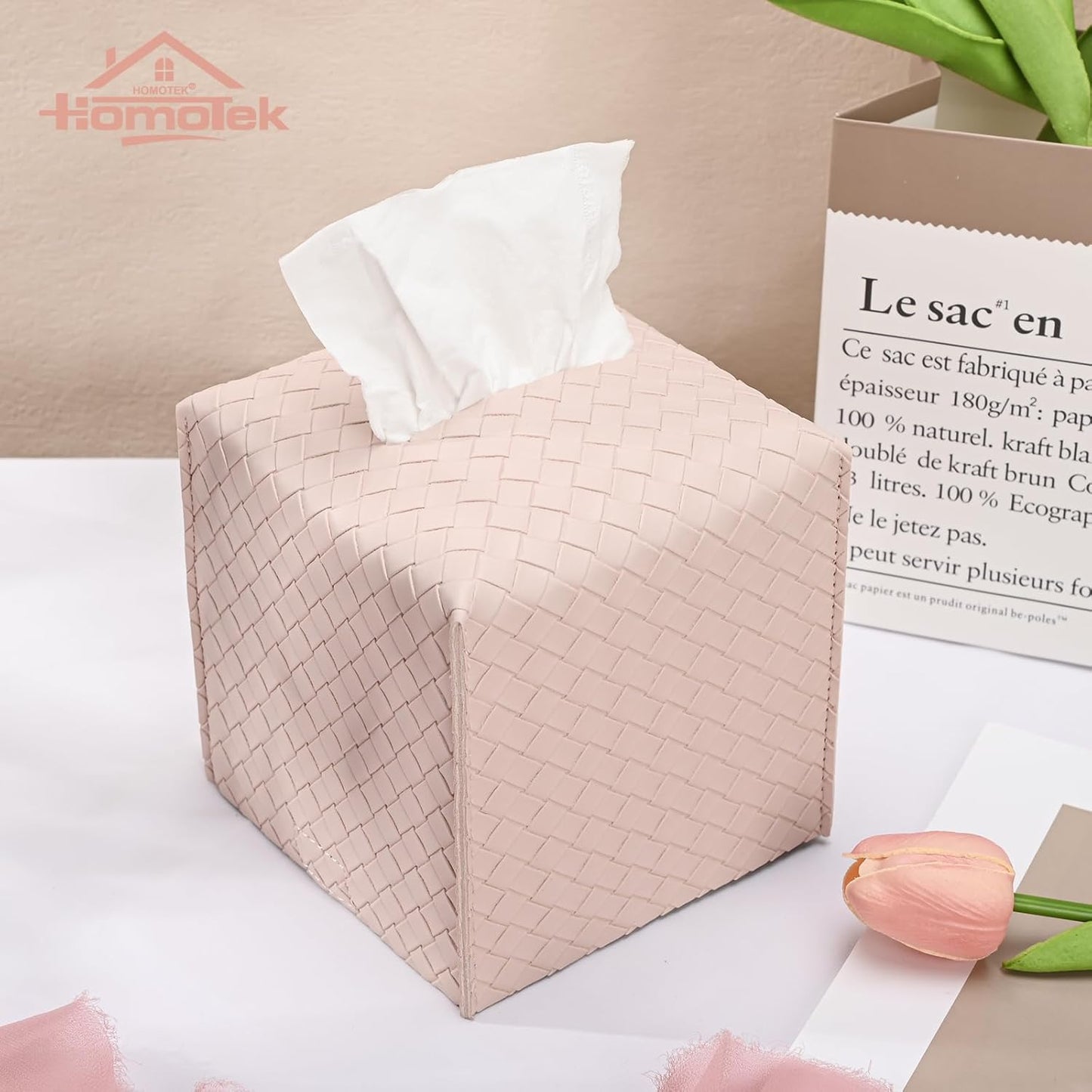 HOMOTEK 2 Pack Tissue Box Cover, Square PU Leather Tissue Holder, Decorative Facial Tissue Cube Paper Organizer Dispenser for Bathroom, Night Stands, Desk, Car 5X5X5'' - Woven Waffle,Macaron Pink
