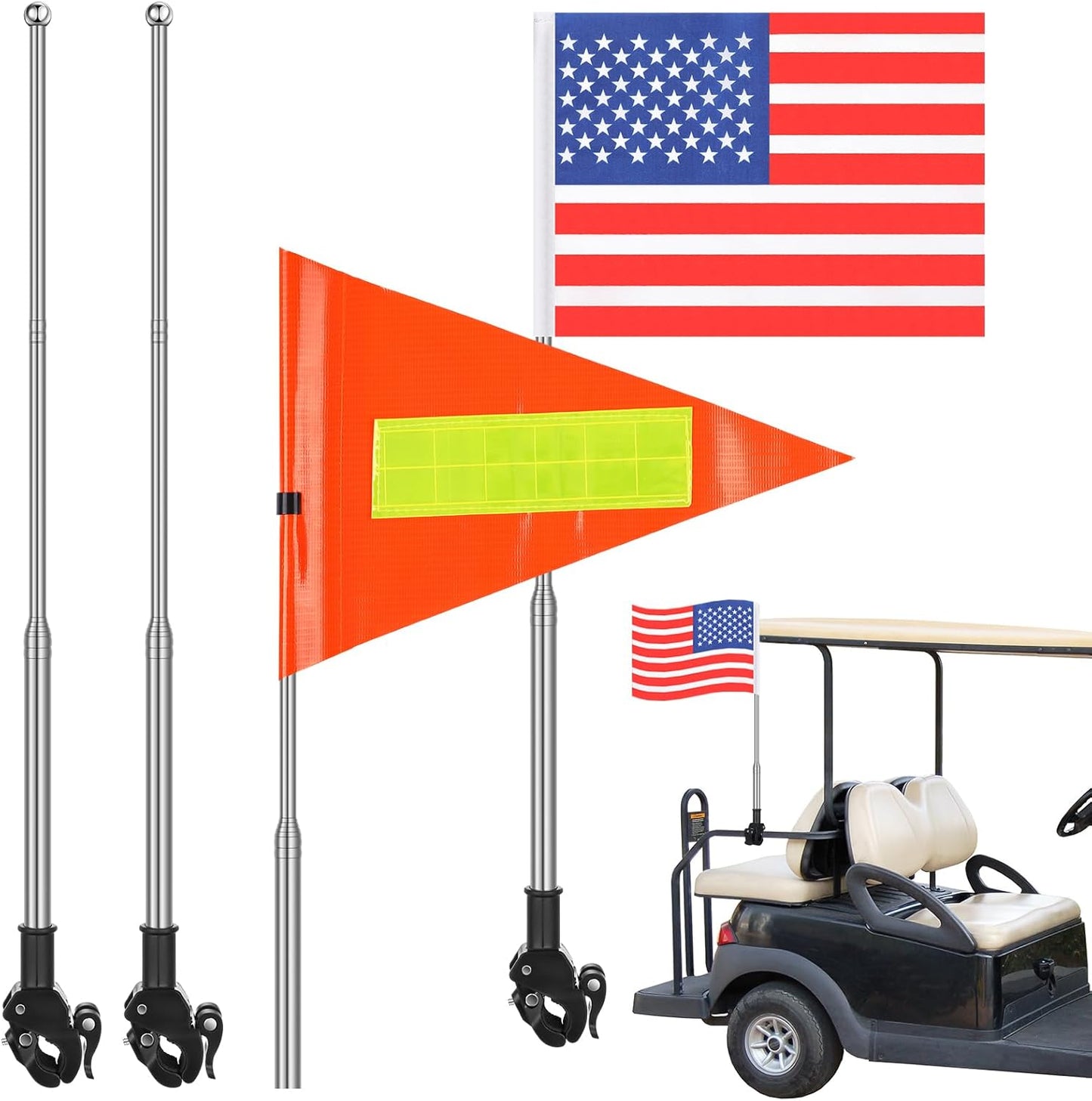Hicarer 2 Set Reflective Golf Cart Flag Pole Kit Golf Cart Flag Holder Accessories Orange Safety Mount with Reflective Stripe Adjustable Height Flagpole Wheelchairs