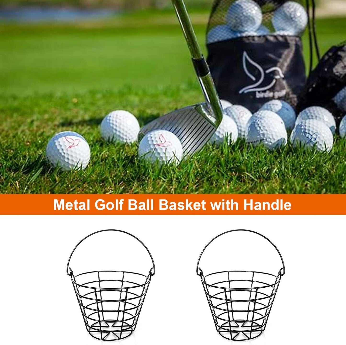 2 Pack Golf Ball Metal Range Basket, Golf Ball Bucket Container Balls Bucket with Handle, Holds Contain 50 Balls