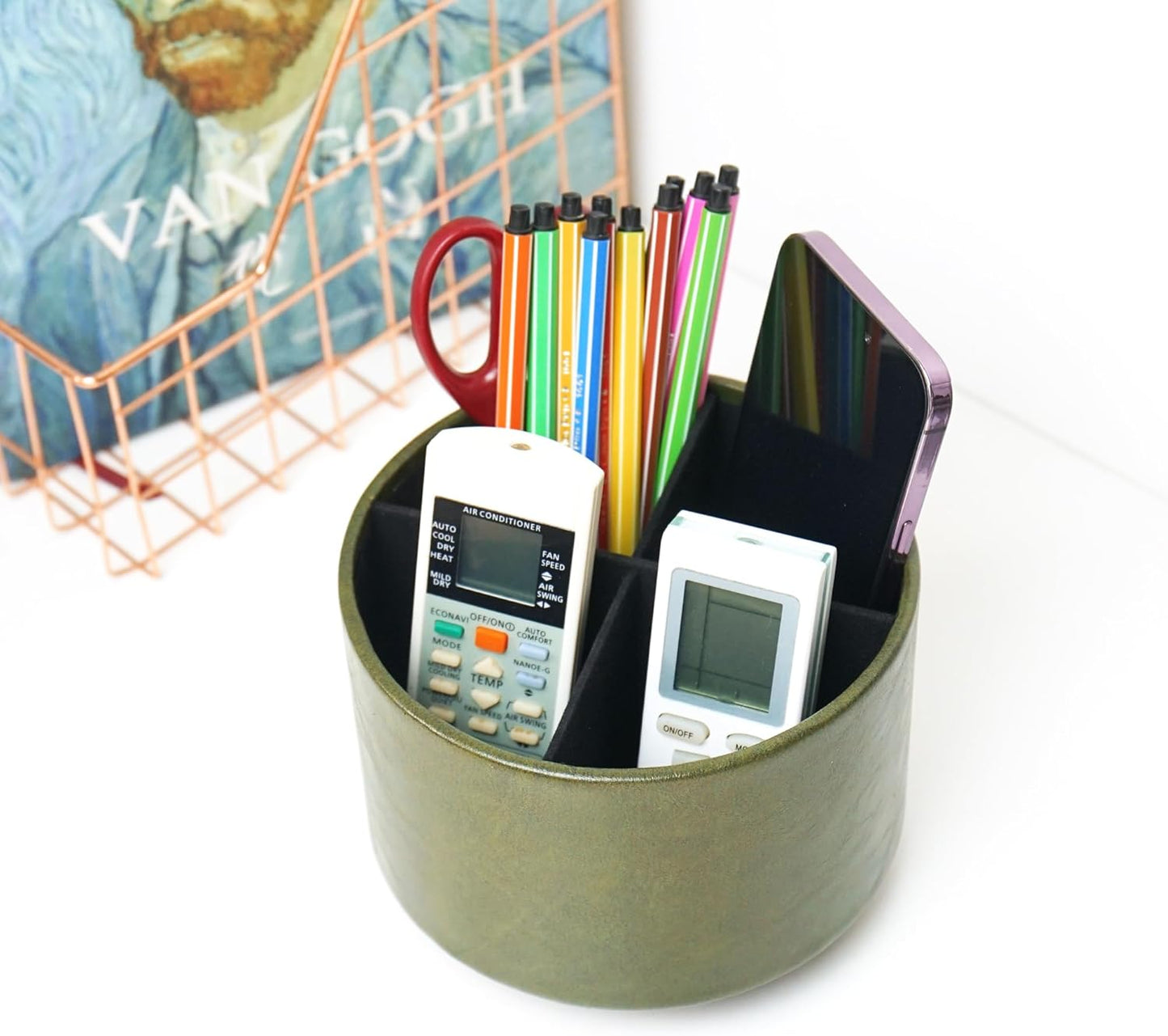 Hennaja Round Leather Art Supply Organizer,Remote Control Holder,360 Degree Spinning,Multi-Functional Pencil Holder,4 Compartments Desktop Stationary Organizer(1-Oil Green)