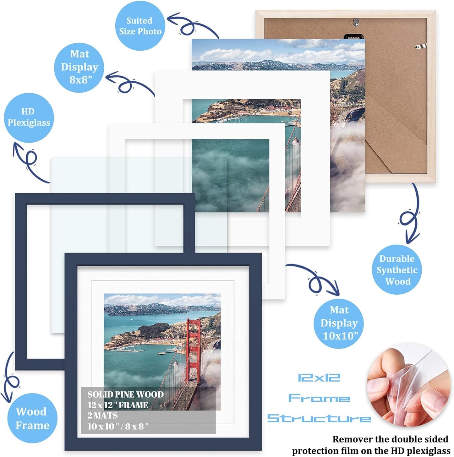 12x12 Wood Picture Frames for Wall Hanging or Tabletop,Diamond Painting Frame Baby Scan Picture Frames with 2 Mats Display 8x8 or 10x10 for Family Walls Decoration,Anniversary,Wedding,Christmas(Jazz