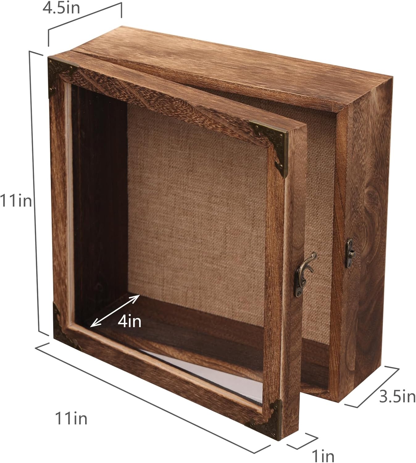 11x11 Deep Shadow Box Frame, 4.5" Depth – Burnt Wood Display Case with Acrylic Door, Vintage Metal Corners. Holds Medals, Photos, Coins, Awards, Wedding & Military Keepsakes