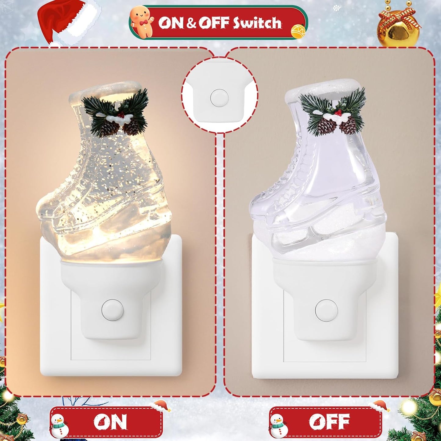 2 Pack Christmas Night Light Plug into Wall Glitter Water Nightlight with USB/Outlet Options, Christmas Ski Boots Decorative Nightlight for Bedroom Kitchen Holiday Decorations Gifts (Ski Boots)