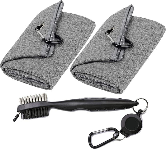 Golf Towels, Microfiber Waffle Pattern Tri-fold Golf Towel - Brush Tool Kit with Club Groove Cleaner, with Clip Men Women Golf Gifts (2 Grey Towel+Black Brush)