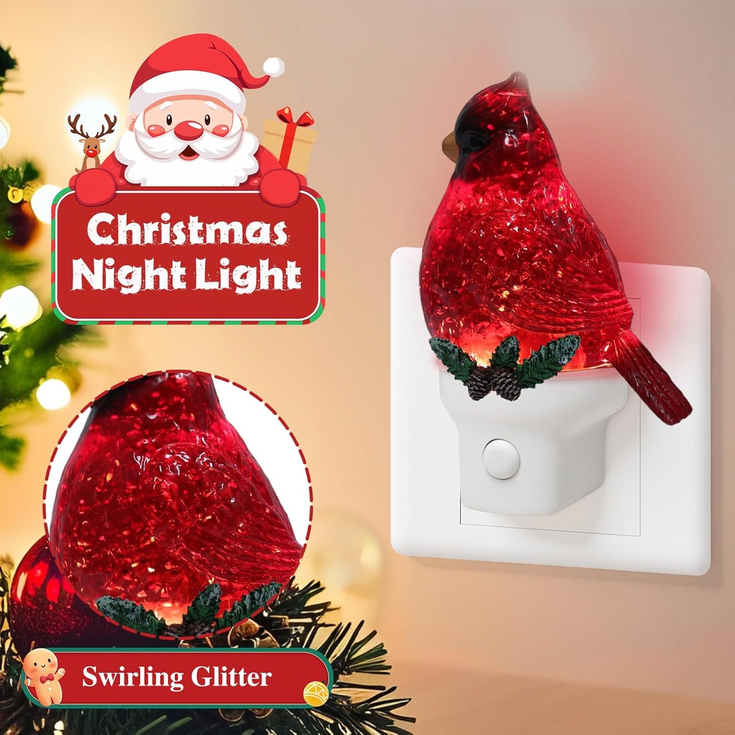 2 Pack Christmas Cardinal Night Light Plug into Wall Glitter Water Nightlight with USB/Outlet Options, Christmas Decorative Nightlight for Bedroom Kitchen Nursery Holiday Decorations Gifts (Cardinal)