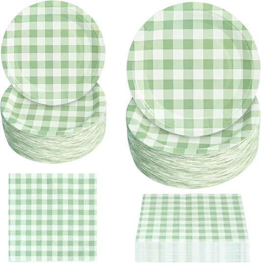 180Pcs Green Gingham Party Supplies Paper Plates and Napkins Serve 60 Disposable Tableware Set for Birthday Party Decorations Game Day Family School Holiday Sports Events