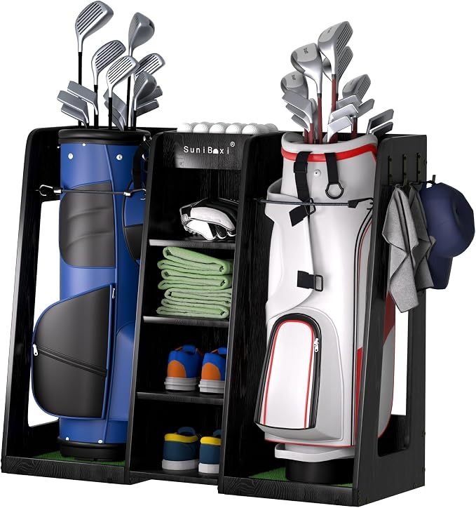 Wooden Golf Storage Organizer for Garage, Premium Golf Bag Holder Rack for by SUNIBOXI